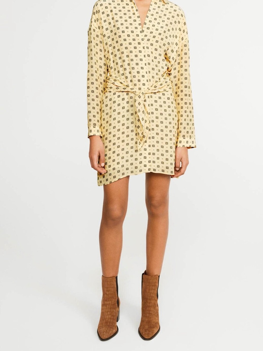 Yellow Printed Tie-Waist Mini Dress